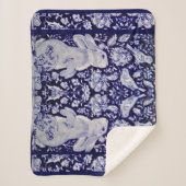 青と白うさぎバードウッドランド海軍フローラアート シェルパブランケット (正面)