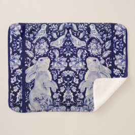 青と白うさぎバードウッドランド海軍フローラアート シェルパブランケット