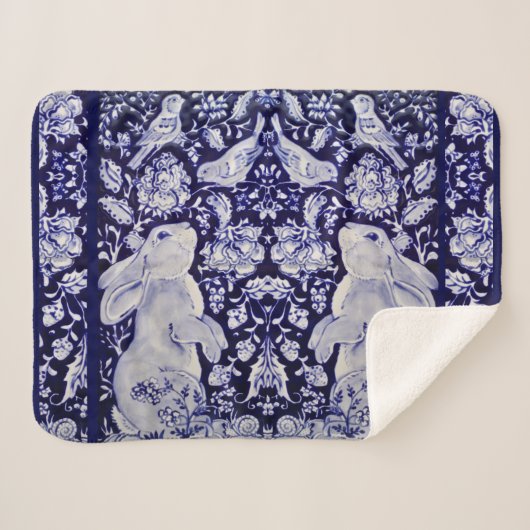 青と白うさぎバードウッドランド海軍フローラアート シェルパブランケット (正面(横))