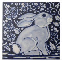 青と白うさぎフローラデザイナー6"タイルアート