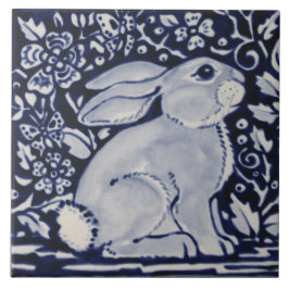 青と白うさぎフローラデザイナー6"タイルアート タイル