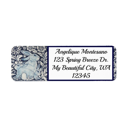 青と白うさぎ動物Chinoiserieネイビーフローラ ラベル (正面)