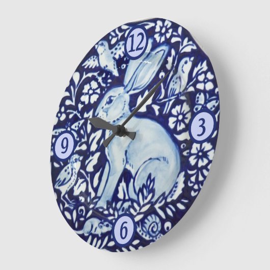 青と白うさぎ野鳥の昆虫のマウスフローラ ラージ壁時計 (傾斜)