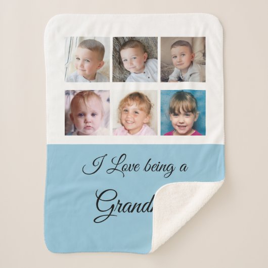 青と白おばあちゃんの写真コラージュ シェルパブランケット (正面)