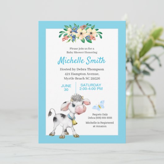 青と白かわいい牛のフローラ赤ちゃんシャワーの元気 招待状 (スタンド正面)