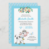 青と白かわいい牛のフローラ赤ちゃんシャワーの元気 招待状 (正面/裏面)