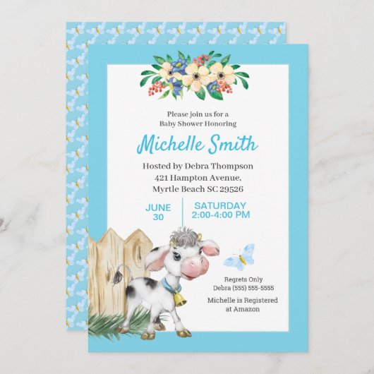 青と白かわいい牛のフローラ赤ちゃんシャワー 招待状 (正面/裏面)