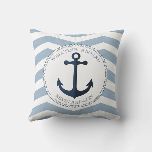 青と白とストライプのいかりパーソナライズされた クッション (裏面)