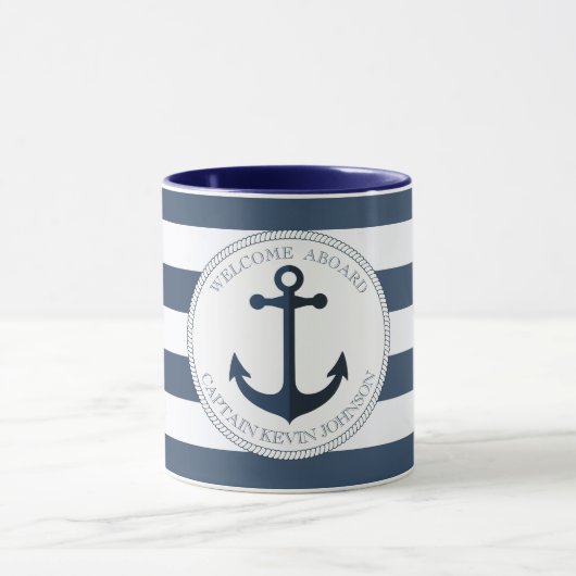 青と白とストライプのいかりパーソナライズされた マグカップ (中央)