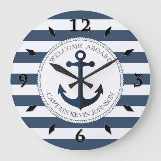 青と白とストライプのいかりパーソナライズされた ラージ壁時計 (正面)