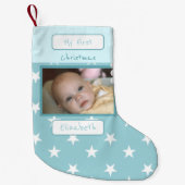 青と白と星の写真と名前の最初 スモールクリスマスストッキング (正面)