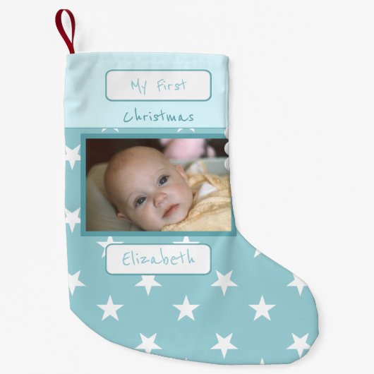青と白と星の写真と名前の最初 スモールクリスマスストッキング (正面)