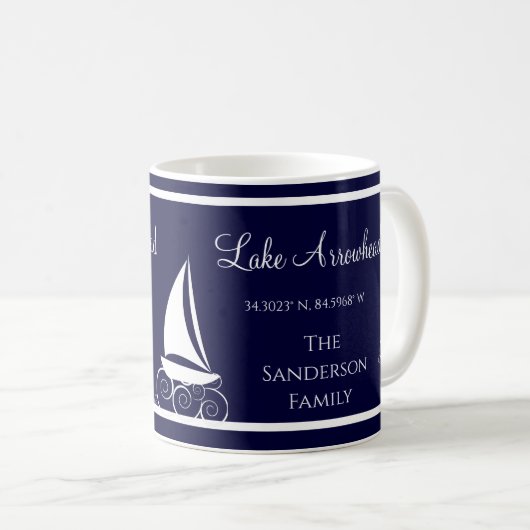 青と白と湖の名前Sailboat コーヒーマグカップ (正面右)