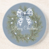 青と白と緑のクリスマスリース コースター (正面)