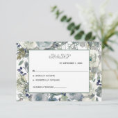 青と白と緑の花柄の結婚式RSVPカード 出欠カード (スタンド正面)