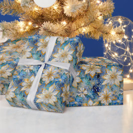 青と白と金のクリスマスポインセチア ラッピングペーパー
