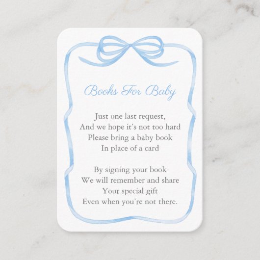 青と白に弓を引く本の赤ちゃんシャワー エンクロージャーカード (正面)