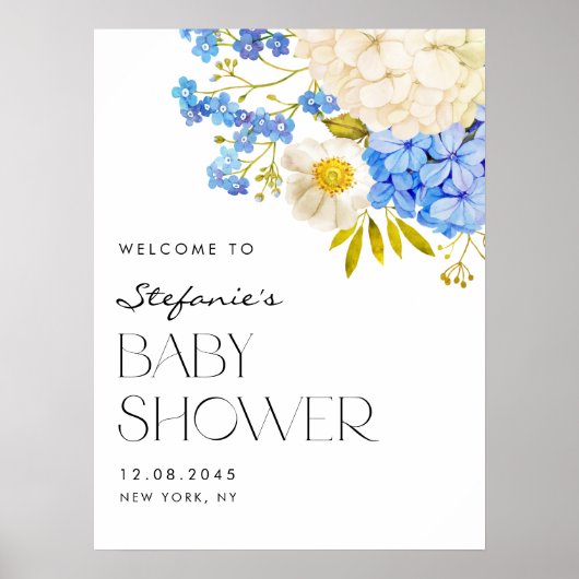 青と白のあじさい赤ちゃんシャワーへようこそ ポスター (正面)