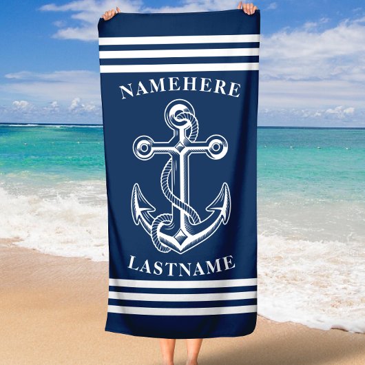 青と白のいかりとロープ名前をカスタムする文字 ビーチタオル