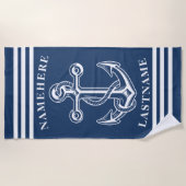 青と白のいかりとロープ名前をカスタムする文字 ビーチタオル (正面)