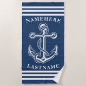 青と白のいかりとロープ名前をカスタムする文字 ビーチタオル (正面)