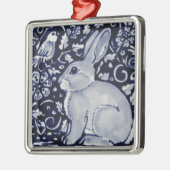 青と白のうさぎ(鳥瓦デザイン) メタルオーナメント (左)