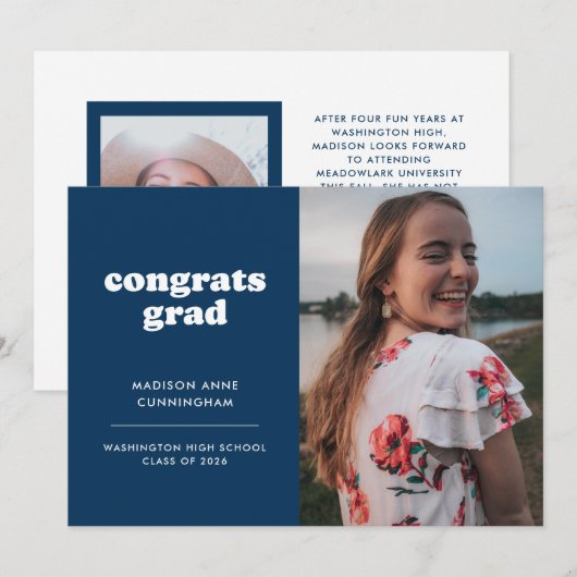 青と白のおめでとう卒業2枚の写真卒業 案内状 (正面/裏面)