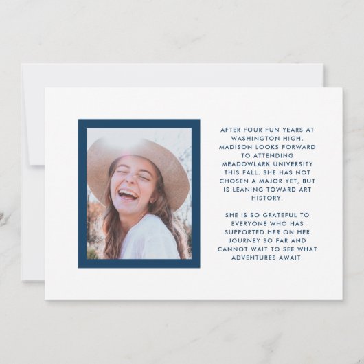 青と白のおめでとう卒業2枚の写真卒業 案内状 (裏面)