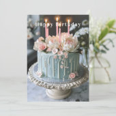 青と白のお誕生日ケーキピンクの花ろうそく カード (スタンド正面)