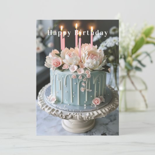 青と白のお誕生日ケーキピンクの花ろうそく カード (スタンド正面)