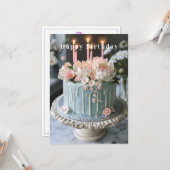青と白のお誕生日ケーキピンクの花ろうそく カード (正面/裏面インサイチュ)