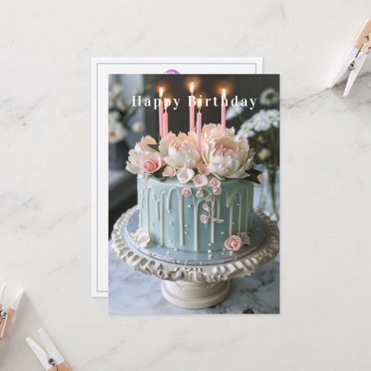 青と白のお誕生日ケーキピンクの花ろうそく カード (正面/裏面インサイチュ)