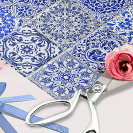 青と白のかわいらしヴィンテージキッチンタイルのコラージュ 薄葉紙