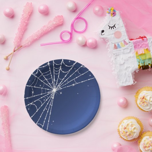 青と白のきらめくダイヤモンドスパイダーウェブ ペーパープレート (パーティー)