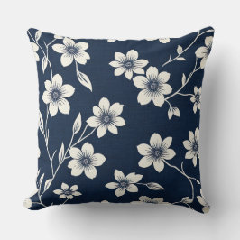 青と白のさくらんぼの花 – ブロックプリント-スタイル クッション