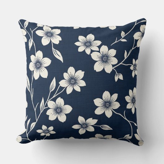青と白のさくらんぼの花 – ブロックプリント-スタイル クッション (正面)