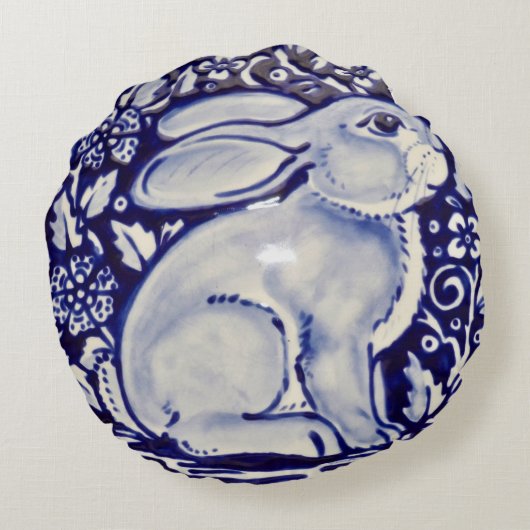 青と白のすわりうさぎ枕デダムタイル ラウンドクッション (裏面)