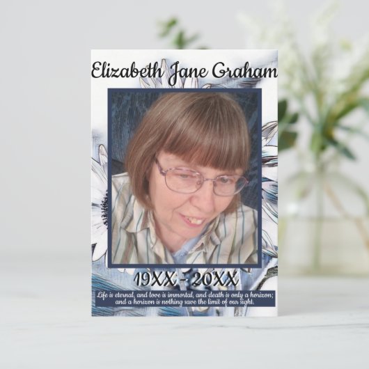 青と白のひまわりアートと写真と引用文 サンキューカード (スタンド正面)