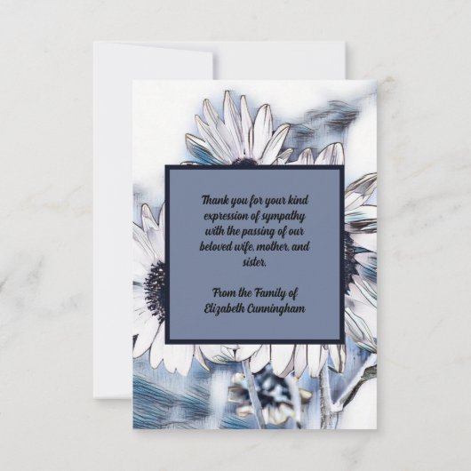 青と白のひまわりアートと写真と引用文 サンキューカード (裏面)