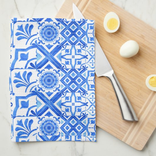 青と白のアズレジョスペインのアズール模様 キッチンタオル (四つ折り)