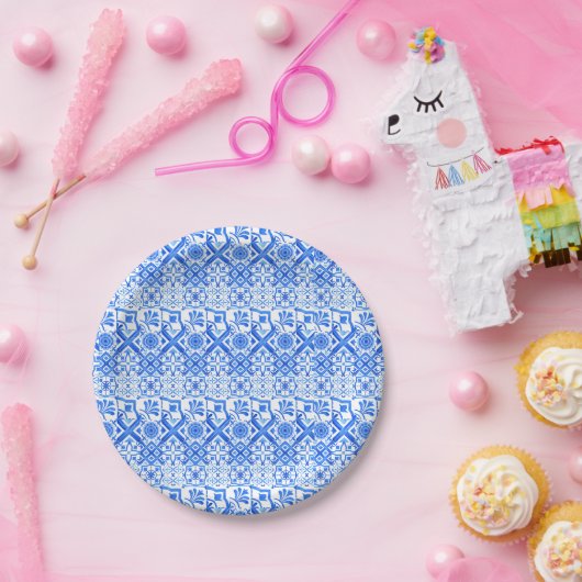 青と白のアズレジョスペインのアズール模様 ペーパープレート (パーティー)