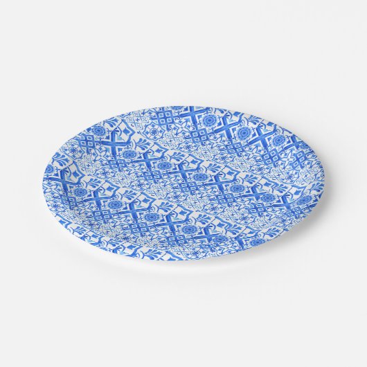 青と白のアズレジョスペインのアズール模様 ペーパープレート (アングル)