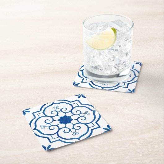 青と白のアズレホスヴィンテージパターンポルトガル スクエアペーパーコースター (インサイチュ)