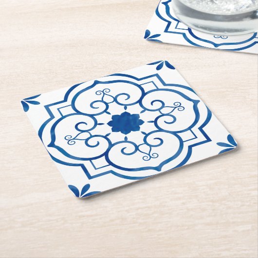 青と白のアズレホスヴィンテージパターンポルトガル スクエアペーパーコースター (アングル)