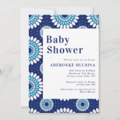 青と白のアフリカのワックスプリントベビーシャワー 招待状 (正面)