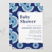 青と白のアフリカのワックスプリントベビーシャワー 招待状 (正面/裏面)