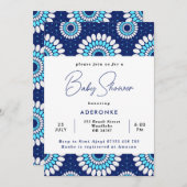 青と白のアフリカのワックスプリントベビーシャワー 招待状 (正面/裏面)
