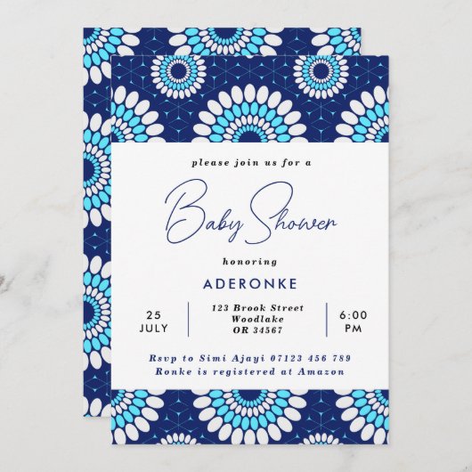 青と白のアフリカのワックスプリントベビーシャワー 招待状 (正面/裏面)
