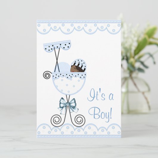 青と白のアフリカ系アメリカ人男の赤ちゃんシャワー 招待状 (スタンド正面)