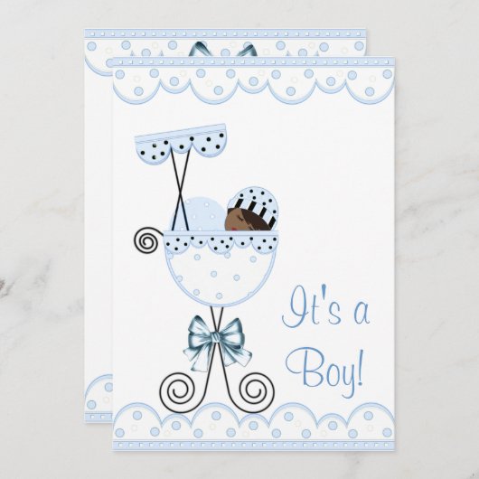 青と白のアフリカ系アメリカ人男の赤ちゃんシャワー 招待状 (正面/裏面)